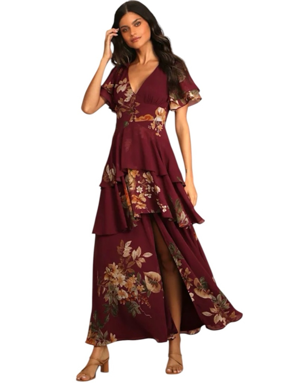 Lulus Maxi Dress Womens XL Midnight Mood Burgundy‎ Floral Print Tiered Dress
